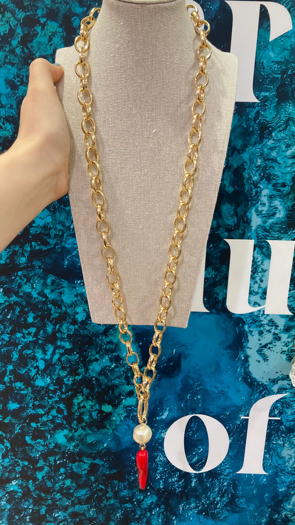 Gold chain with Pearl and Horn Necklace-A001