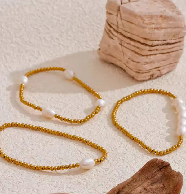 Lizzie Pearl & Gold Bead Stretchy Bracelets-A001