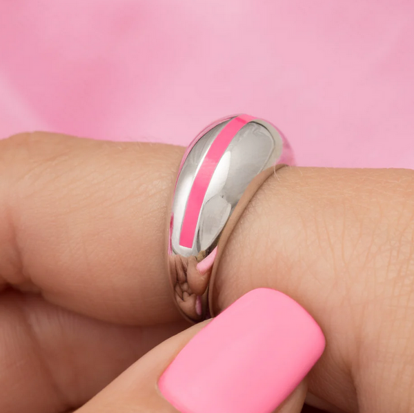 Candy Stripe Dome Neon Pink Silver Ring-A001