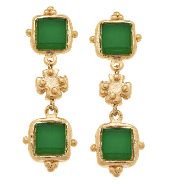 Handcast gold earrings with emerald colored French glass and cross bead design-A001