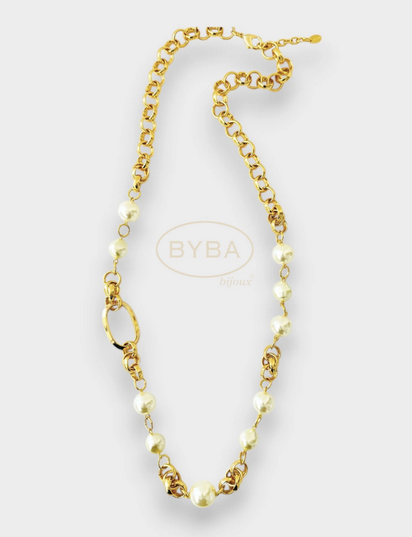 Pearl and Gold Circle Chain Necklace-A001
